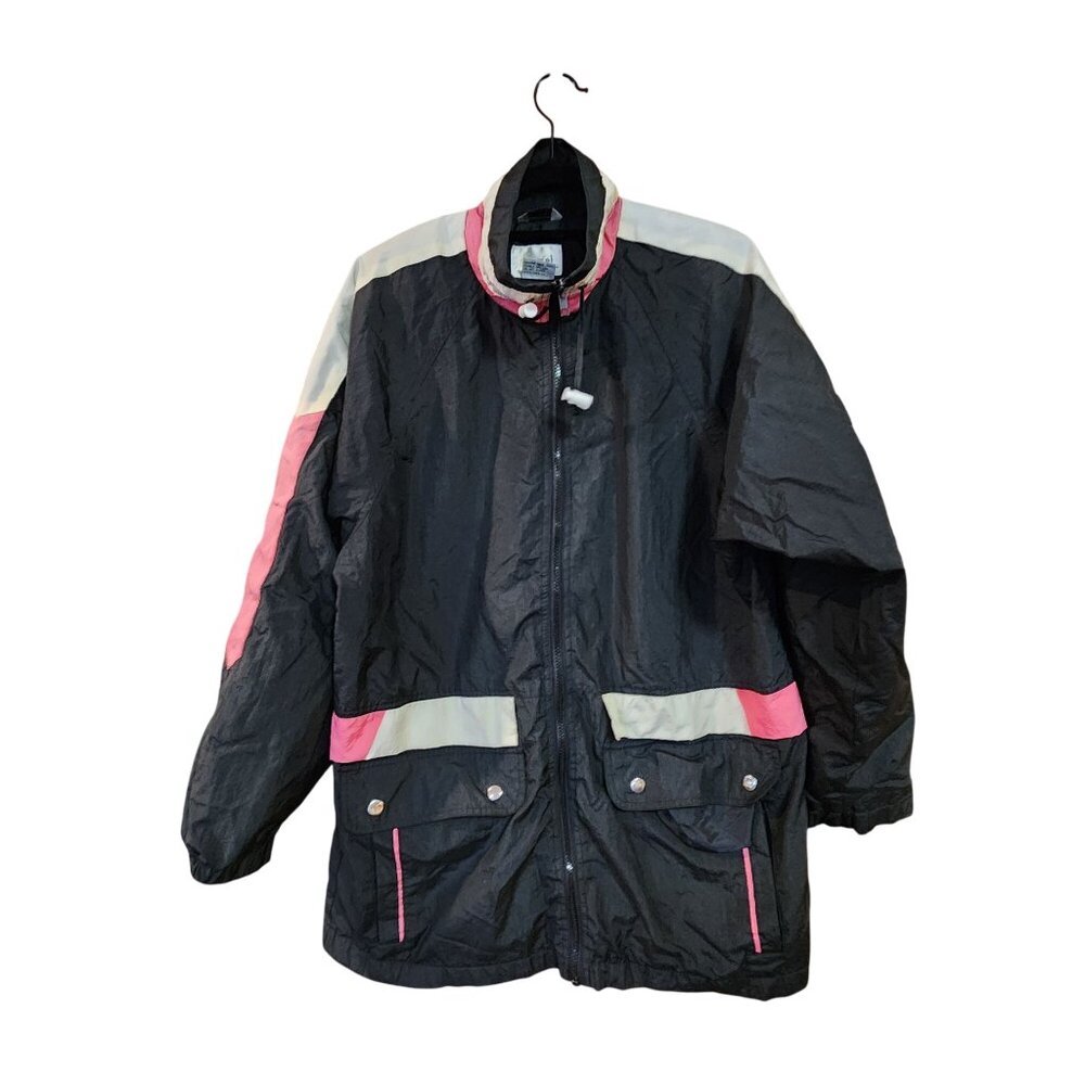 Vintage Mariel Womens Nylon Windbreaker Jacket Black With Pink & White Stripes S